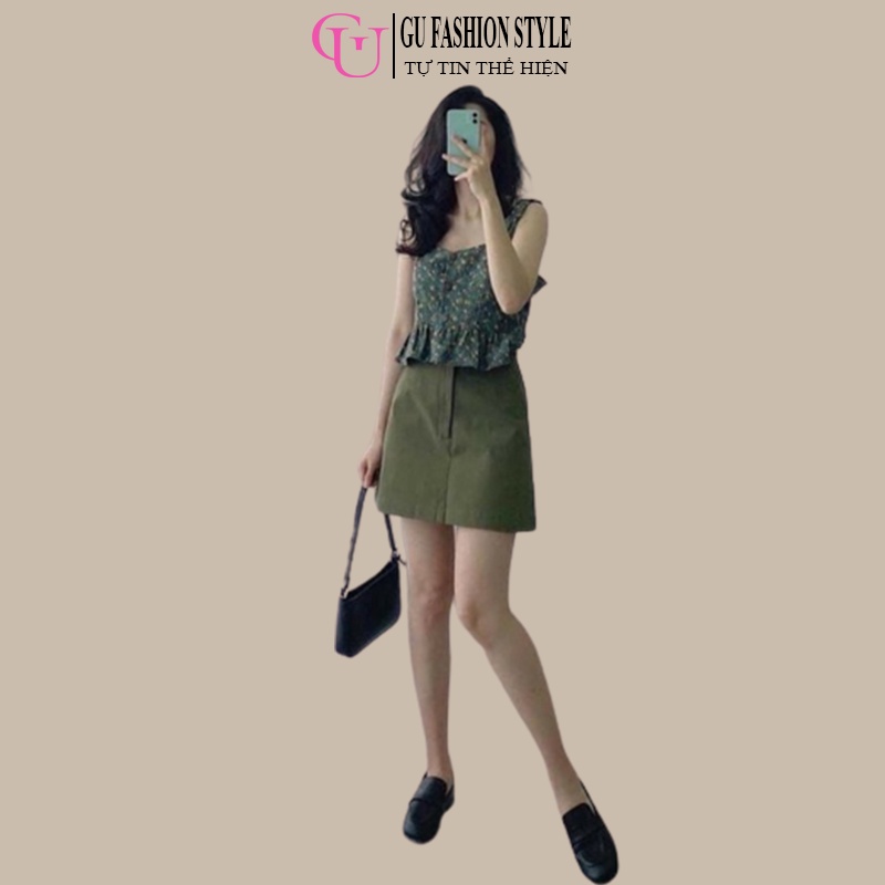 Set Bộ Chân Váy Kèm Áo Croptop 2 Dây Hoa Nhí Chất Liệu Vải Váy Kaki Áo Đũi Lụa Màu Xanh GUB027 - GU FASHION STYLE