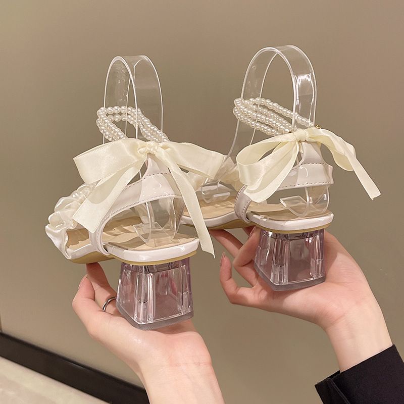 GIÀY SANDAL CAO GÓT NỮ 5-7 PHÂN ĐẾ VUÔNG TRONG SUỐT QUAI NHÚN BÈO THẮT NƠ NGỌC HOT 2023 THÚY GIÀY VINA STORE - mã S18