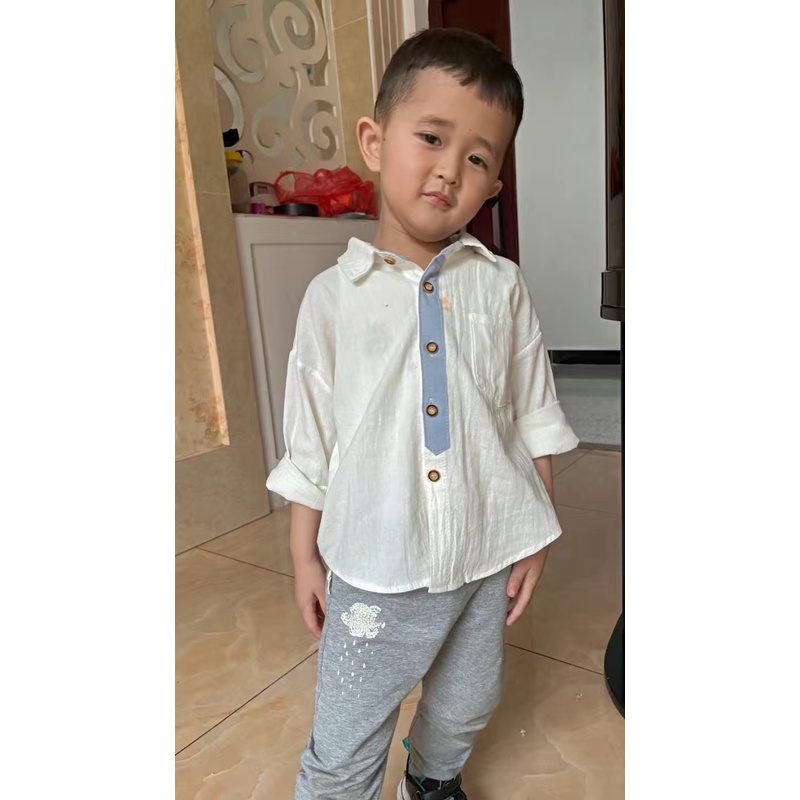 Áo sơ mi trơn dài tay cổ đức cho bé trai cao 80-150cm, nặng 8-35kg