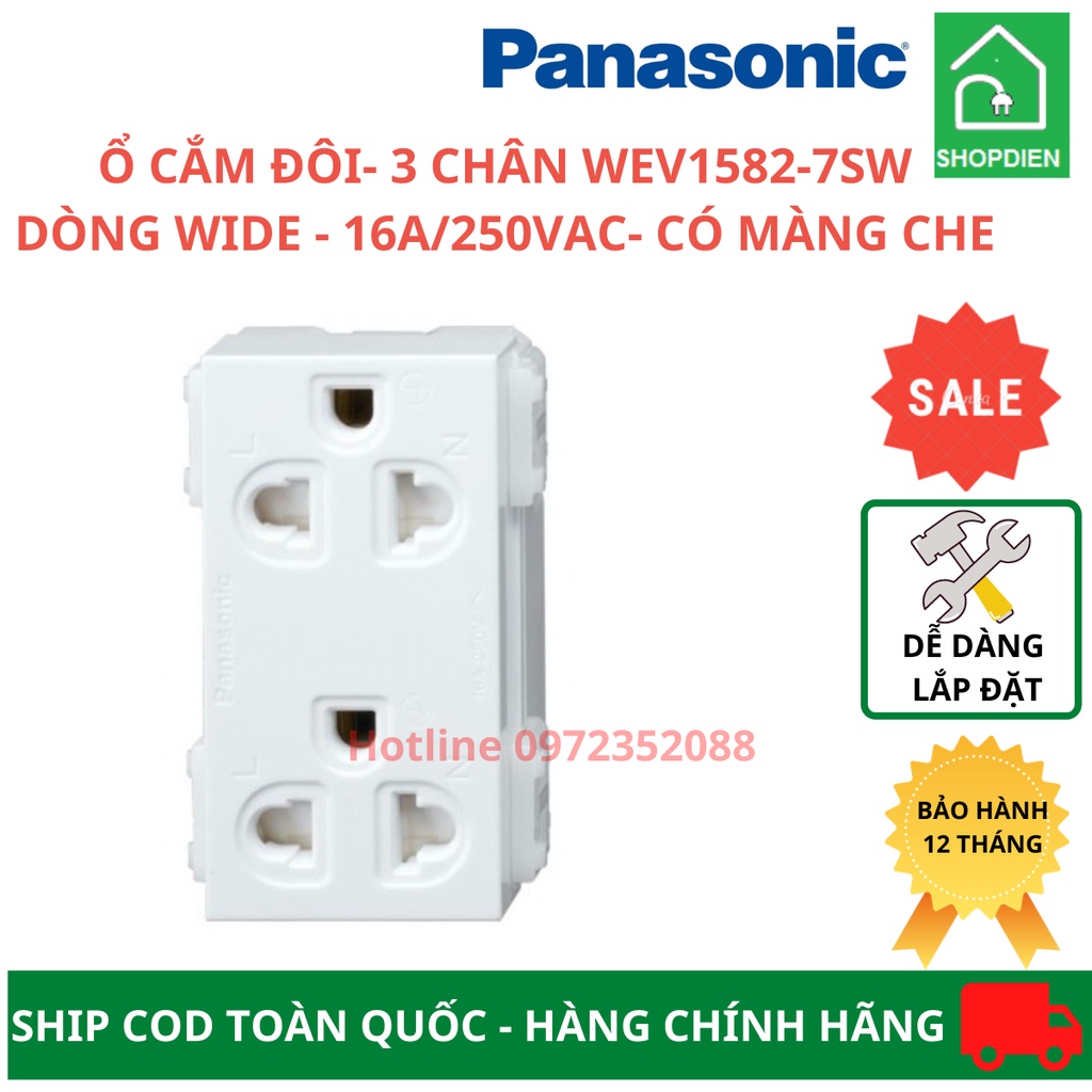 Ổ cắm đôi 3 chân có màn che/ duplex Socket 3P WEV1582-7sw 16A 250VAC Panasonic Wide series màu trắng