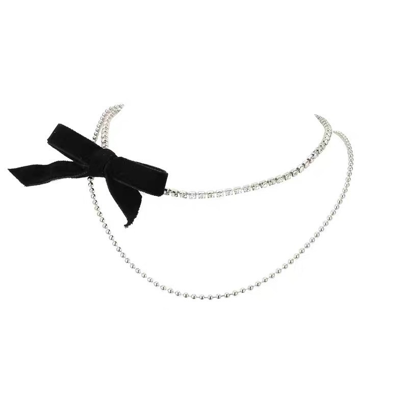 Vòng Cổ Choker Nhung Hai Lớp Thắt Nơ Đính Kim Cương Sáng Bóng Quyến Rũ Thời Trang