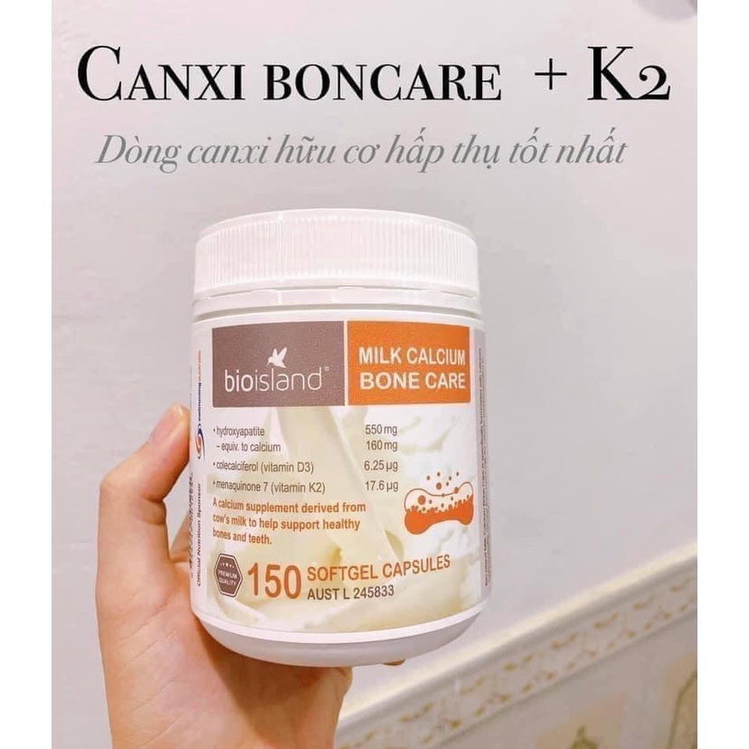 Canxi hữu cơ kèm d3 k2 giúp tăng khả năng hấp thu, milk calcium bone care bioisland 150 viên úc, người lớn từ 12 tuổi