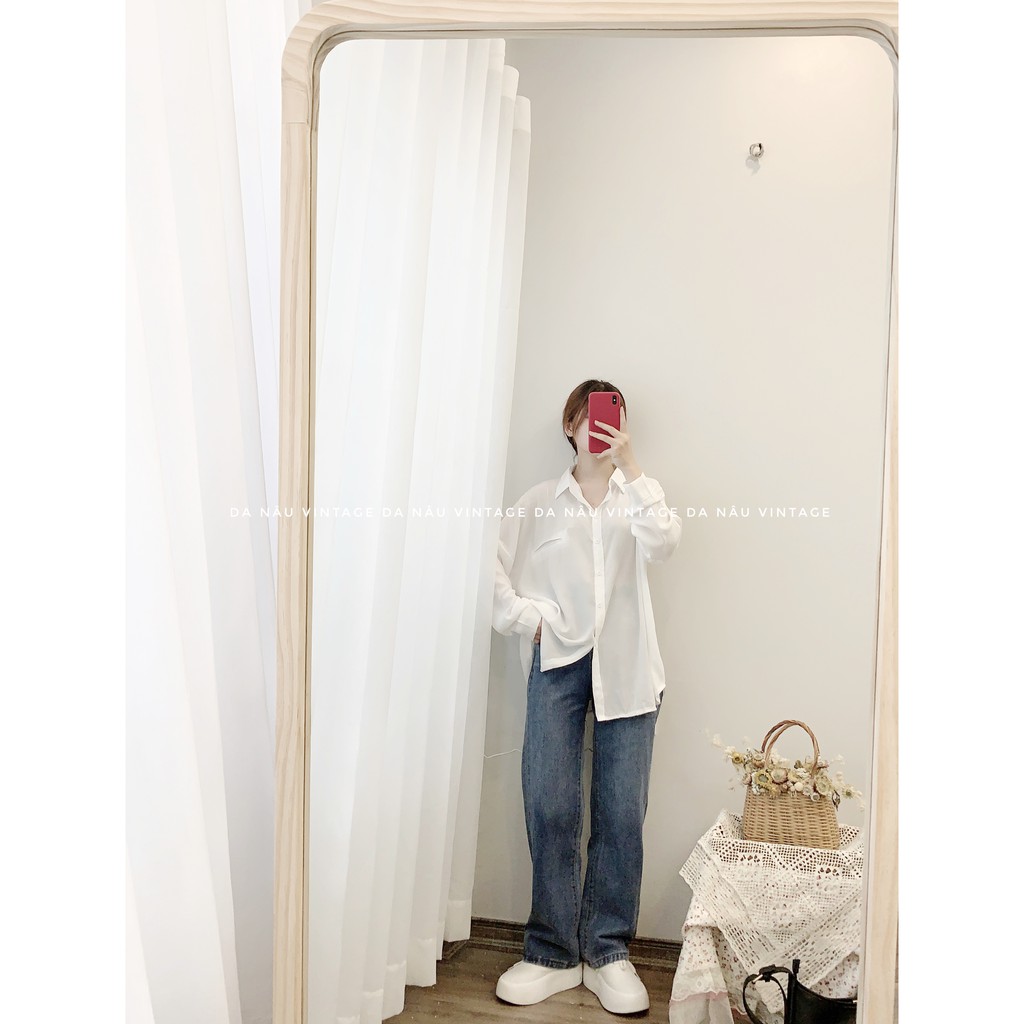 Áo sơ mi nữ lụa trơn freesize dài tay túi giả – Da Nâu Vintage