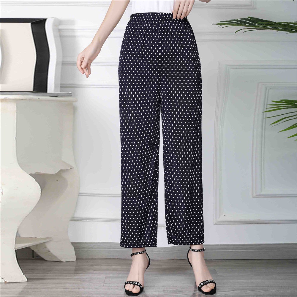 Quần Lụa Lạnh Mỏng Ống Rộng Co Giãn In Họa Tiết Hoa Thời Trang Mùa Hè Cho Phụ Nữ Trung Niên