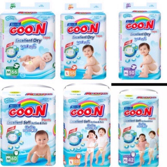 Tã quần/dán Goon Slim kích cỡ (NB48/S44/M38/M32/L56/L32/XL50