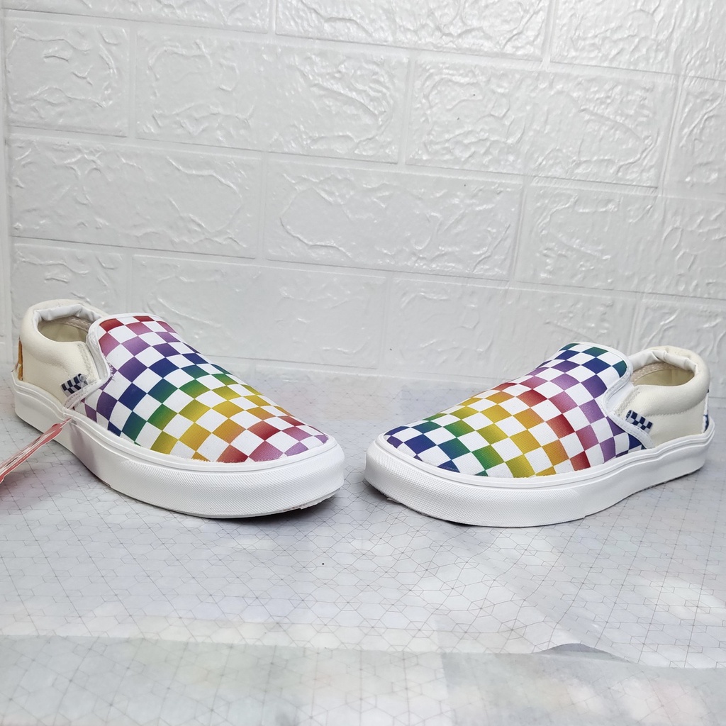 Giày Thể Thao Van Lười Caro Bảy Sắc Cầu Vồng, Slipon Bảy Màu Nam Nữ Fullbox