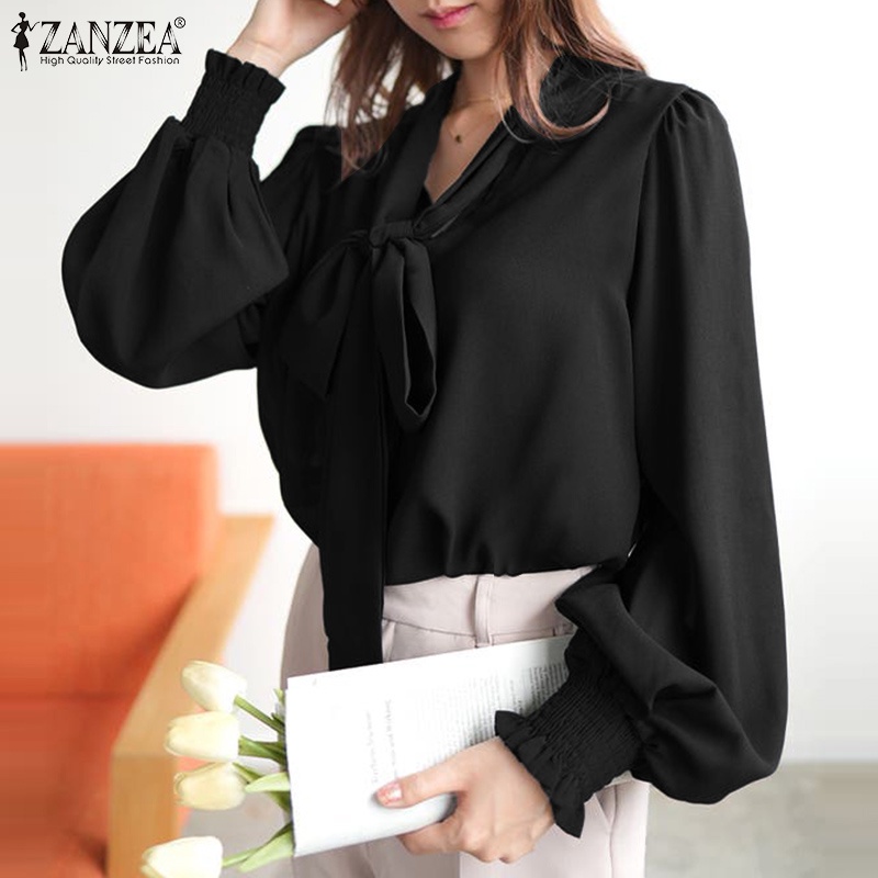 Áo ZANZEA tay dài cổ buộc nơ màu trơn phong cách Hàn Quốc thanh lịch dành cho nữ