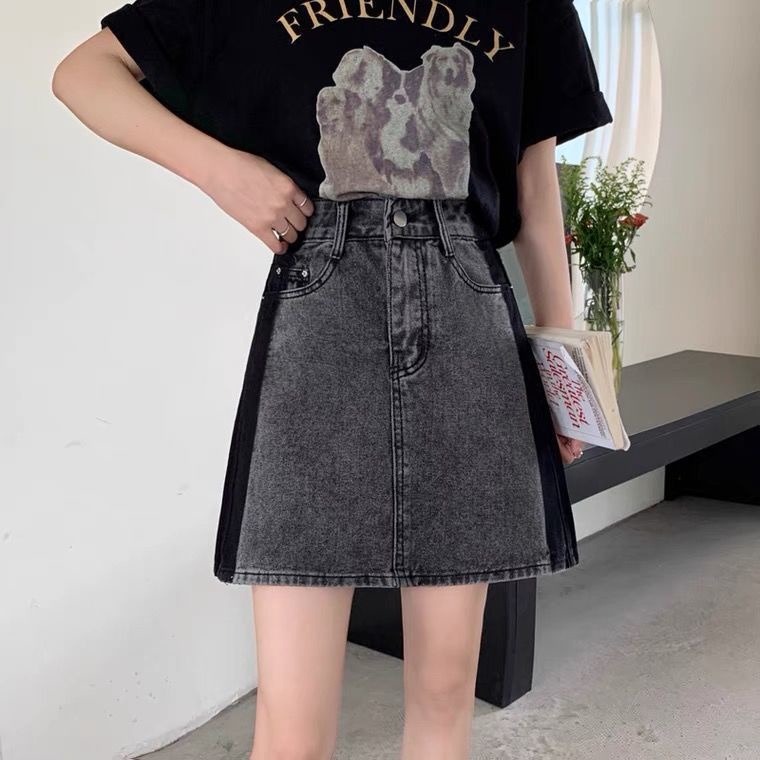 COZOK Chân váy jean Lưng Cao Dáng Rộng Phối Màu Tương Phản Cá Tính