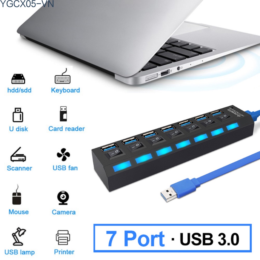 Bộ Hub Chia 7 Cổng Usb 3.0 Kèm Công Tắc Mở Rộng Cho Pc Windows2000 / Xp / Win7 / Vista | BigBuy360 - bigbuy360.vn