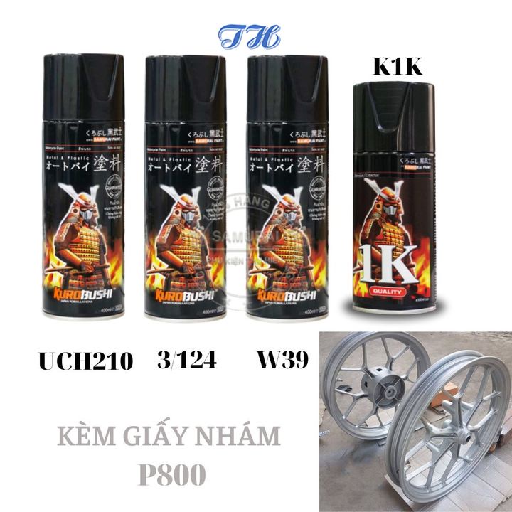 Combo 4 chai sơn samurai W39** Màu bạc kim loại gồm: uch210 - 3/124 - W39 - k1k - giấy nhám p800
