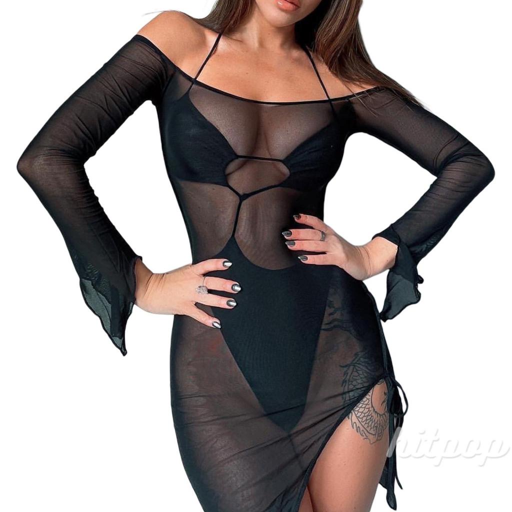 Hitpop-Women’s Casual Long Sleeve Dress Fashion Perspective Mesh Yarn Tie-up Slit Skinny Dress