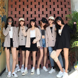 Áo Khoác Vest Dáng Rộng Kẻ Sọc Caro Phong Cách Retro Hàn Quốc