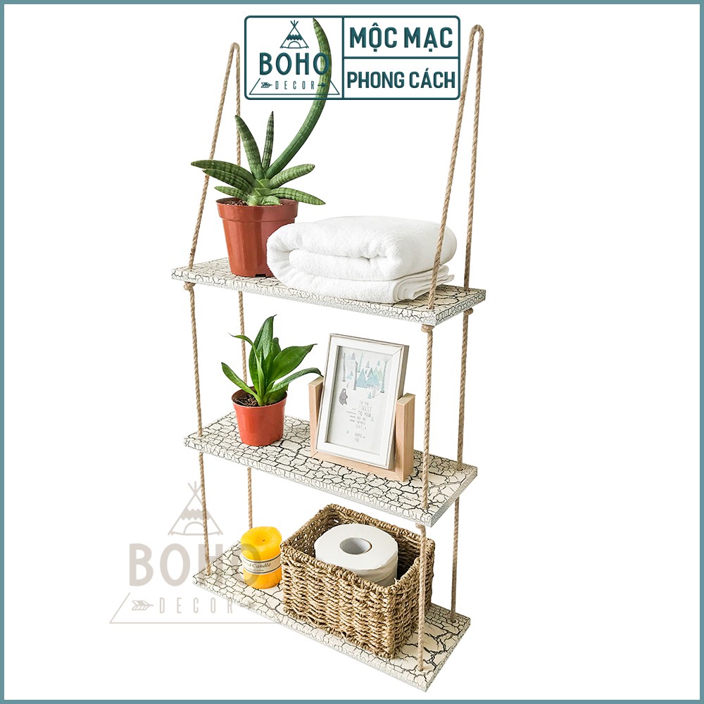 Kệ Treo Tường BOHO DECOR, Kệ Trang Trí Nhà Cửa Bề Mặt Sơn Rạn Độc Đáo, Gỗ Tự Nhiên 45 x 15 cm, Sơn Rạn