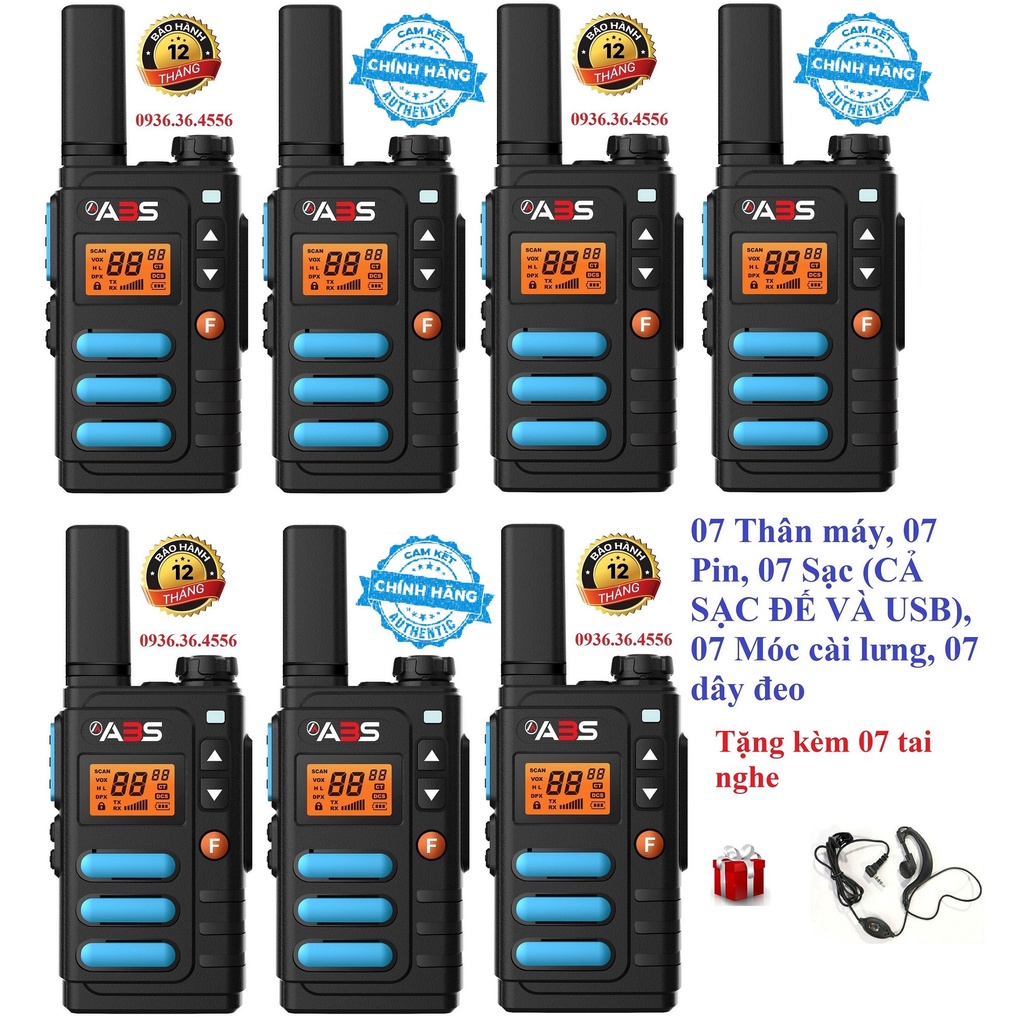 Bộ 7 Chiếc Bộ đàm Siêu nhỏ cao cấp 2 Phương thức Sạc ABS AB3688 (Hàng chính Hãng, Siêu Đẹp, Hỗ trợ Tắt/Bật rảnh Tay)