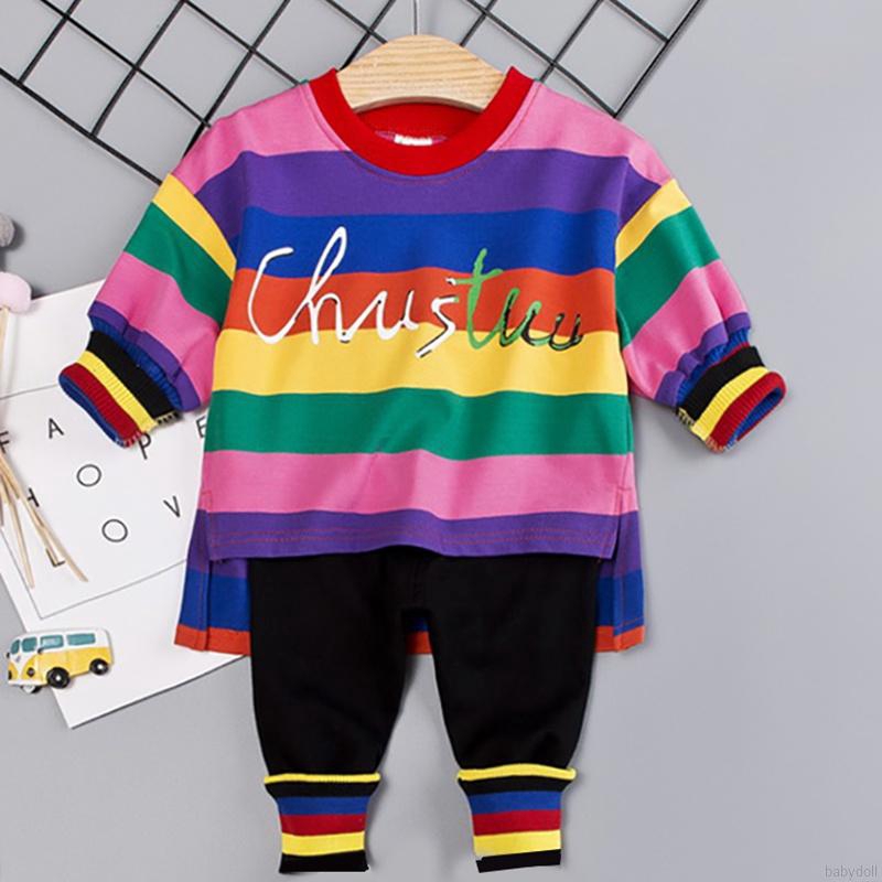 Set áo thun cổ tròn dài tay in hình cầu vồng + quần ngắn cho bé gái
