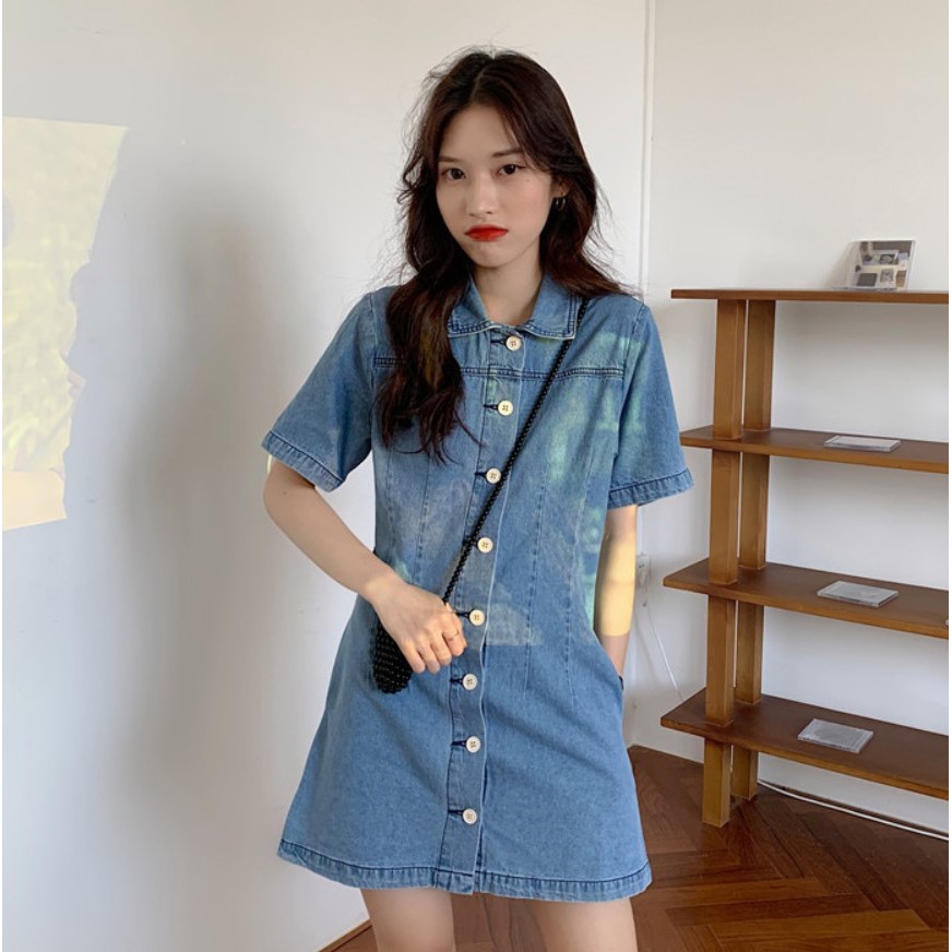 [Mã FASHIONS2 giảm20% tối đa 10k] Đầm denim cổ polo xinh xắn hack dáng siêu đỉnh, Váy bò hàn siêu xinh