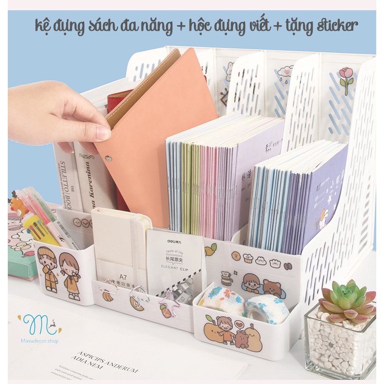 [MẪU 2] Kệ sách 4 ngăn màu trắng chắc chắn có hộc đựng bút viết +  tặng sticker