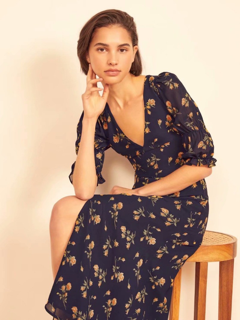 2020 autumn pullover v-neck short-sleeved flower print split dress women's clothing | BigBuy360 - bigbuy360.vn