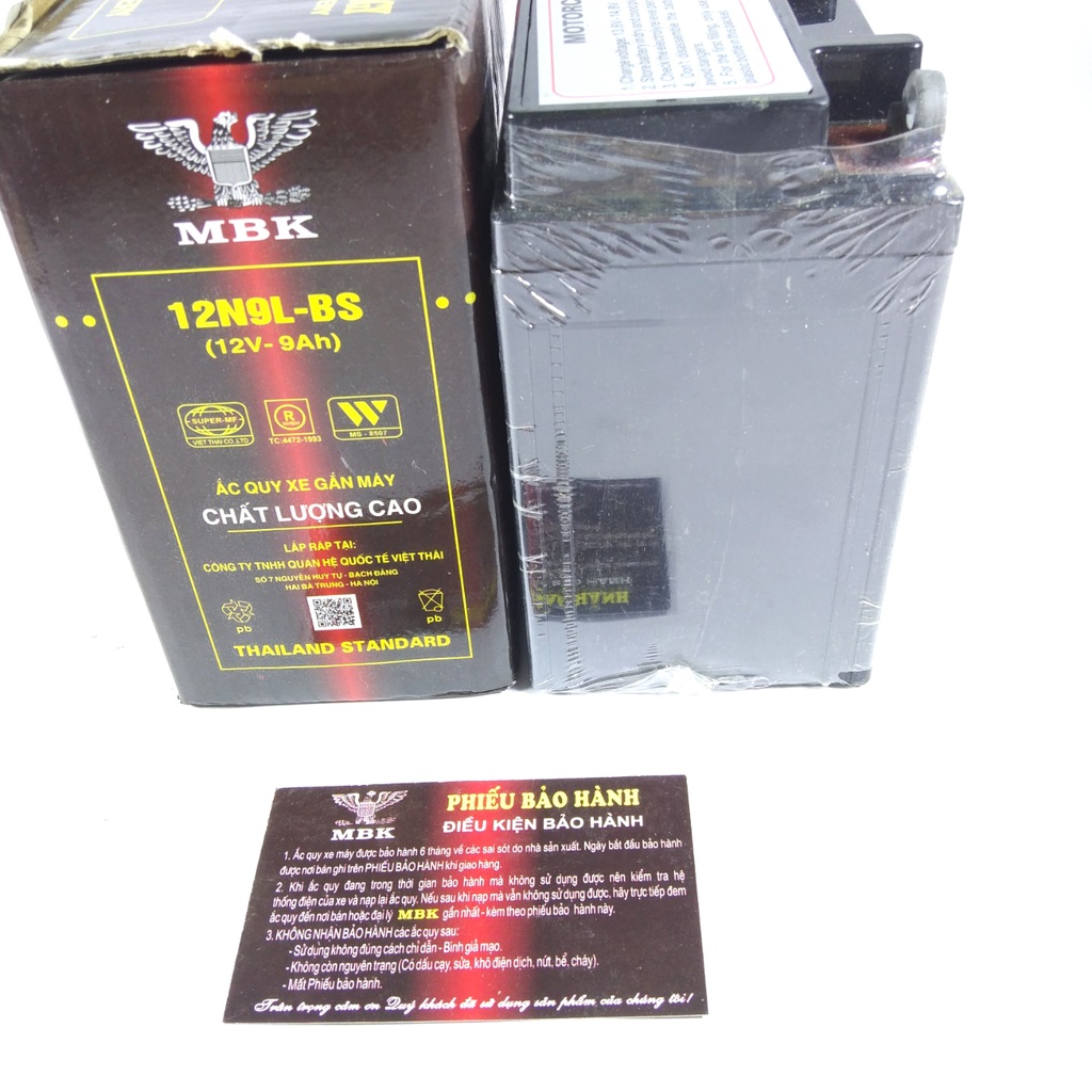Bình ắc quy khô xe máy THAILAND  MBK 12V-9Ah mã 12N9L-BS kích thước 135x75x130mm bảo hành 12 tháng