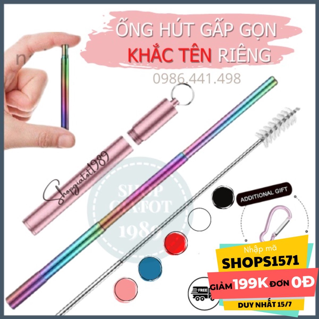 Ống Hút Khắc Tên Gấp Gọn Inox 304  Thép Không Gỉ Cao Cấp Kèm Cọ Rửa Kèm Móc Khóa - SHOPGIATOT1989