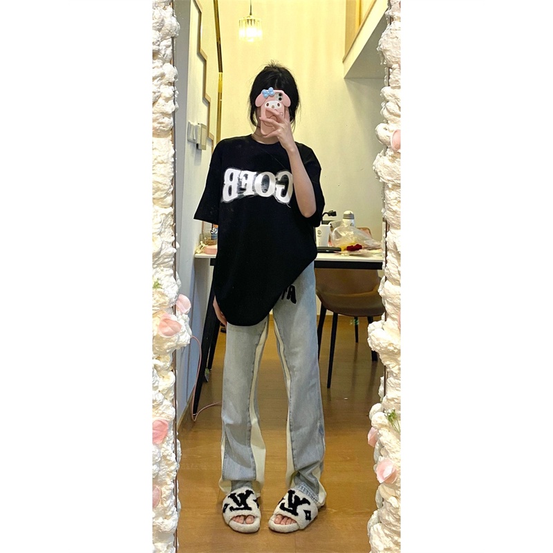 Cocory vn Quần Jeans Nữ Lưng Cao Thêu Chữ Thời Trang