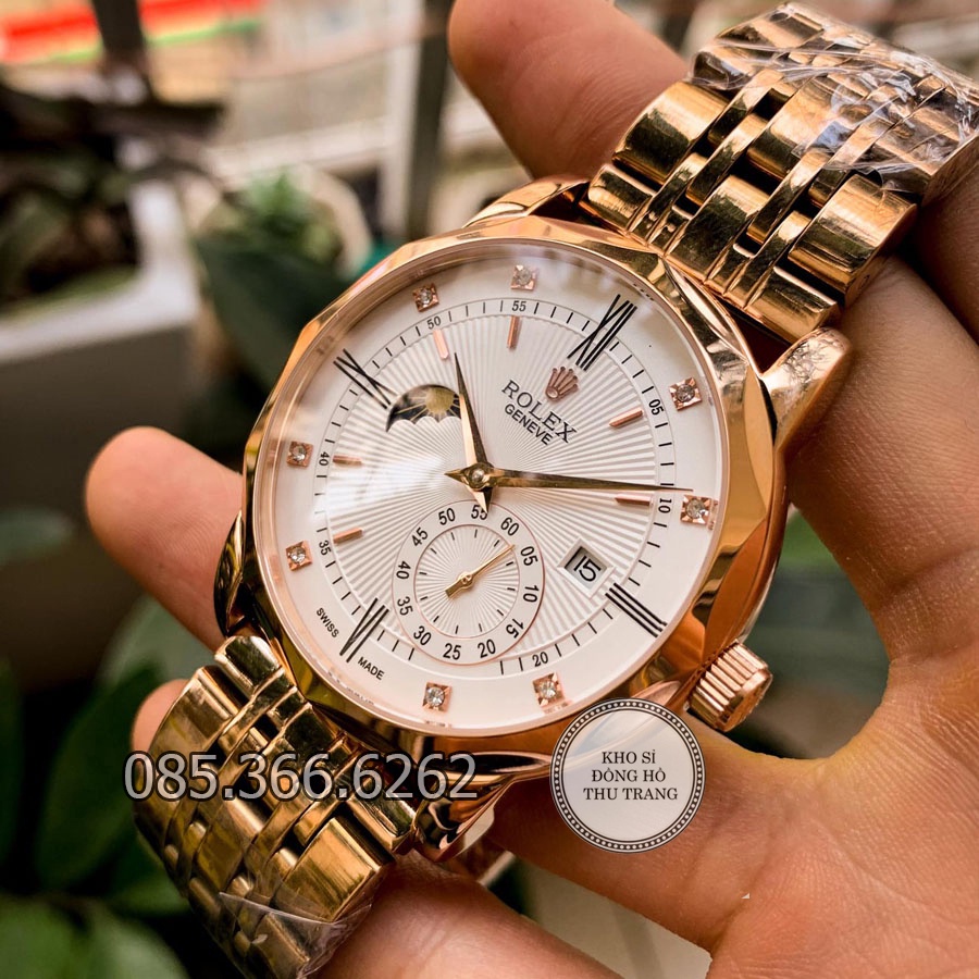 Đồng hồ nam Rolex cơ Automatic máy Nhật mẫu 3 kim trắng viền vàng cắt vát kim cương size 40-41mm