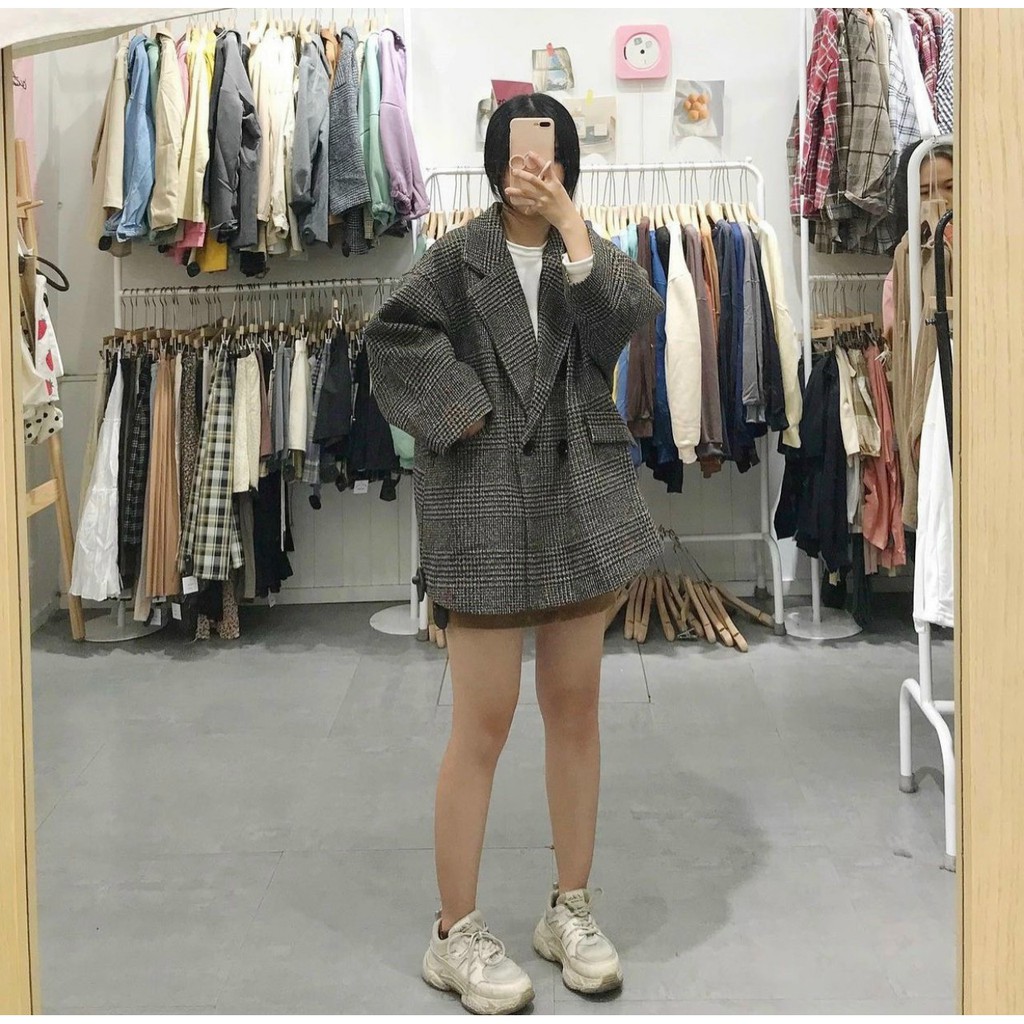 Xả Hàng Áo Khoác Dạ Kẻ Đen Đính Cúc  2 Lớp 🦋 Áo Choàng Nữ Dáng Hàn Quốc kèm ảnh thật + quà tặng xinh