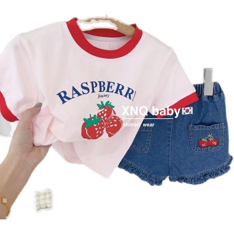 Set Áo Thun In Chữ Phối Quần Short Denim Thời Trang Hè Cá Tính Cho Bé Gái