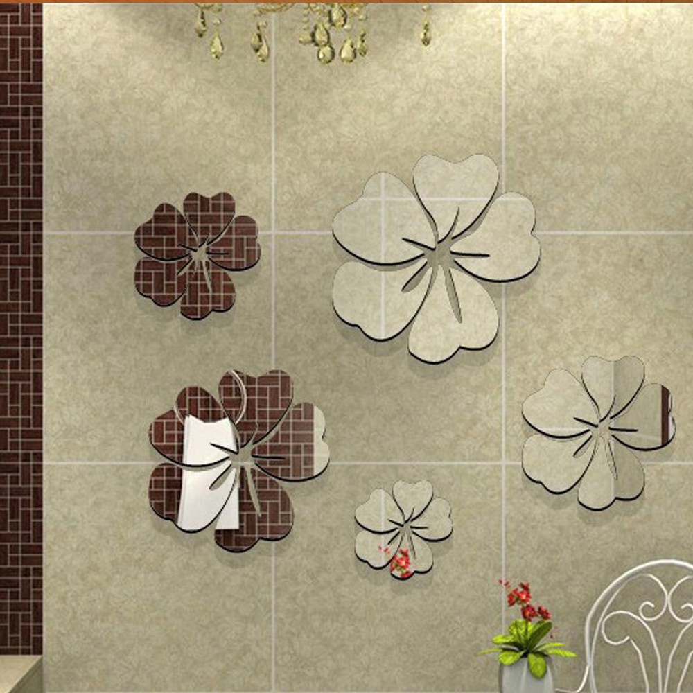 30 tấm giấy dán tường chất liệu Acrylic tạo hình 5 bông hoa tráng gương dùng để trang trí nhà