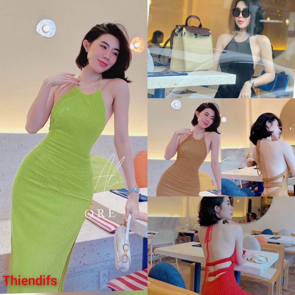 Đầm ôm body cổ yếm hở lưng xẻ tà siêu xinh (ngực có mút) chất thun gân
