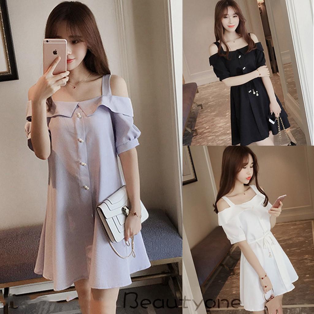 Đầm nữ ngắn tay cổ tròn hở vai quyến rũ