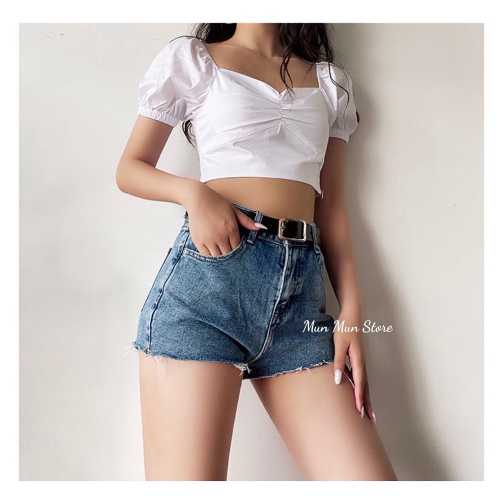 Quần short jeans nữ MunMunStore Lưng cao trơn màu xanh phong cách Hàn Quốc(ảnh + video thật) 8726