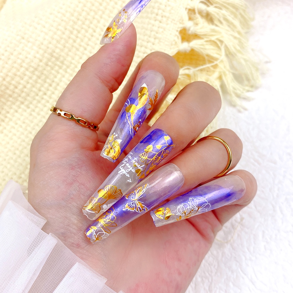 Set 9 Nhãn Dán Trang Trí Móng Tay Nghệ Thuật Màu Vàng Laser Họa Tiết Lá Phong Mùa Thu Ginkgo