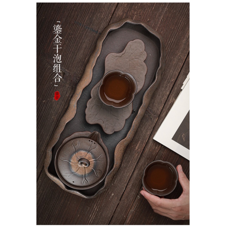 Bộ ấm trà Nhật bằng gốm thô kèm khay cao cấp
