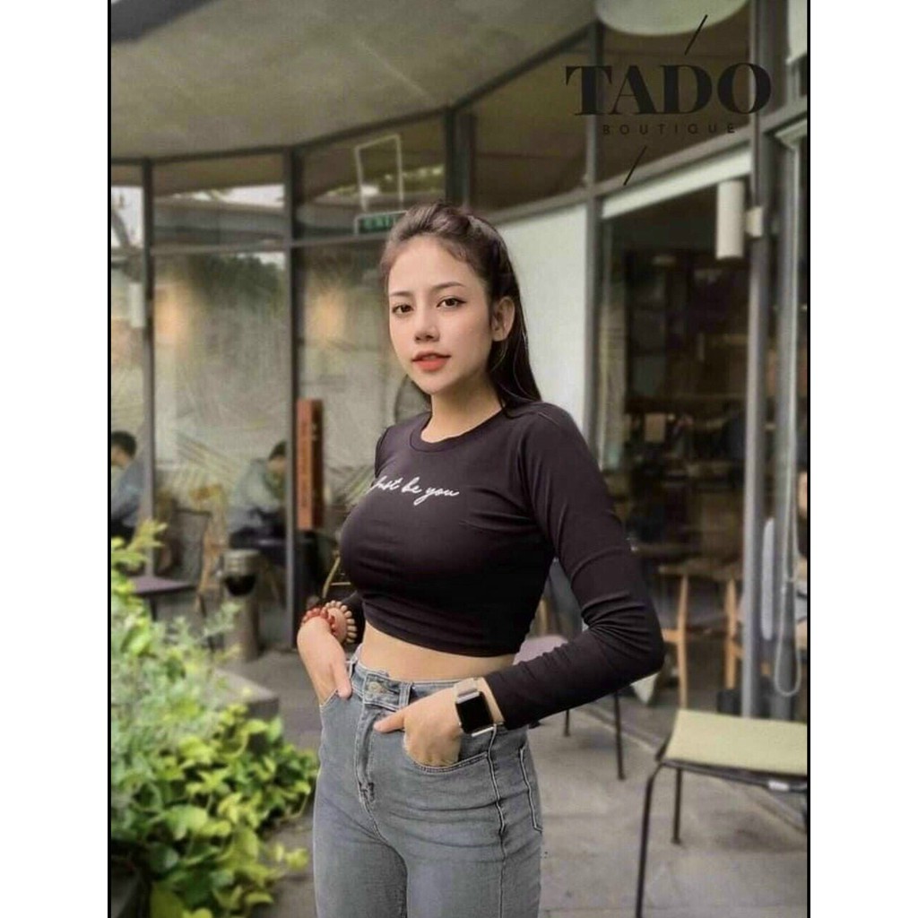 Áo croptop tay dài, thêu chữ just be you, mẫu mới mặc lên dáng cực xinh