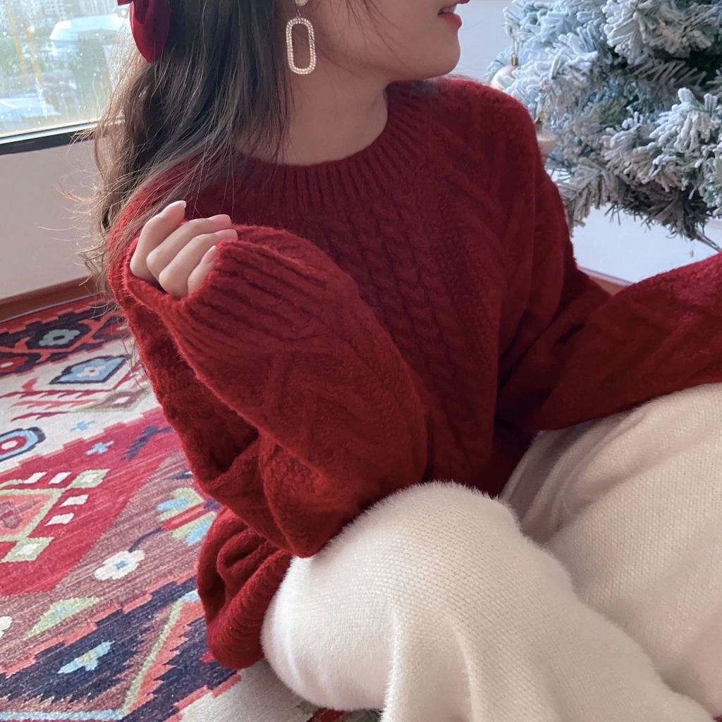 Áo chui đầu dáng rộng màu đỏ phong cách Giáng sinh mới cho nữ