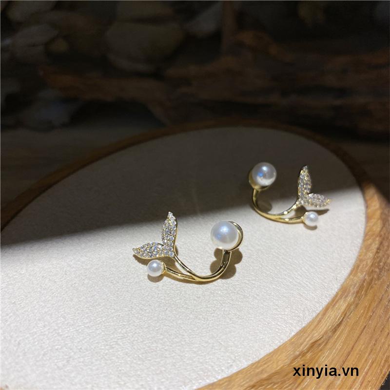 Khuyên tai dạng xỏ chốt bạc 925 kiểu dáng đuôi cá đính ngọc trai nhân tạo mẫu mới thanh lịch thời trang