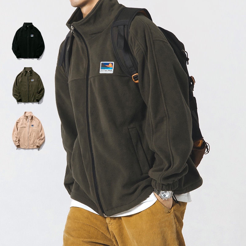 Áo khoác lông cừu kiểu Nhật bông nhung cực cổ đứng cặp đôi thu đông mẫu nam lót dày dặn jacket mỏng học sinh