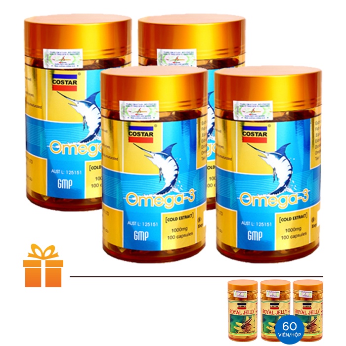 Combo 4 Hộp Dầu cá Omega 3 Costar Úc 1000mg 100 viên | TẶNG: 3 Hộp Sữa ong chúa Royal Jelly COSTAR 60 viên