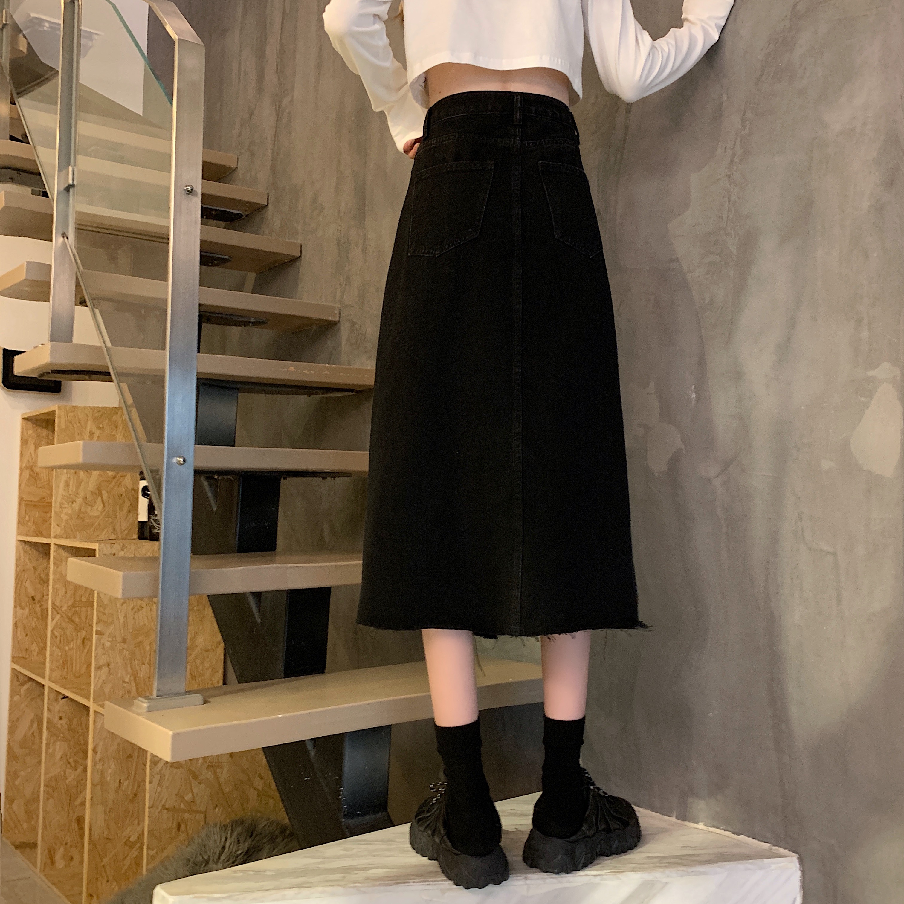 Chân váy bút chì nữ dáng dài lưng cao 2021, Chân váy chữ A chất jeans xẻ tà trước phối cú thời trang công sở hàn quốc