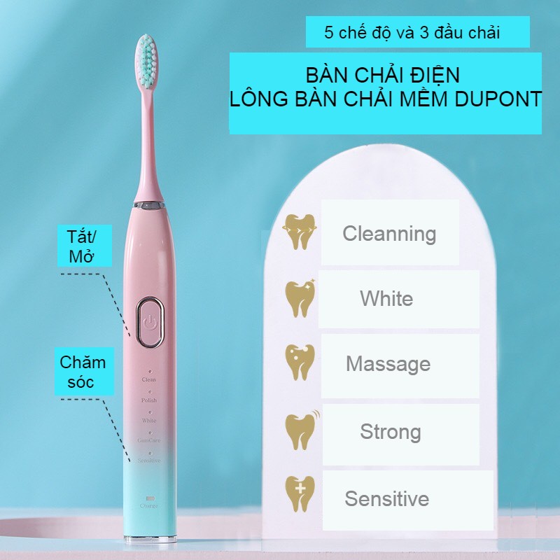 Bàn chải đánh răng điện siêu âm với lông bàn chải mềm IPX7 theo tiêu chuẩn USA