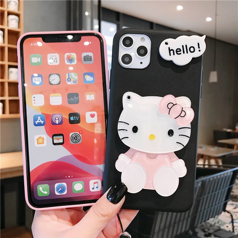 Ốp Mềm Hình Hello Kitty Có Gương Và Dây Đeo Cho Oppo A92 A12 A7 Reno 3 5 Pro F1S F5 F7 Realme 5 I C2 A1K A5 A15 S