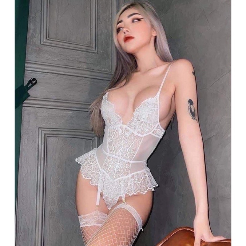 Set bodysuit ren kèm kẹp tất