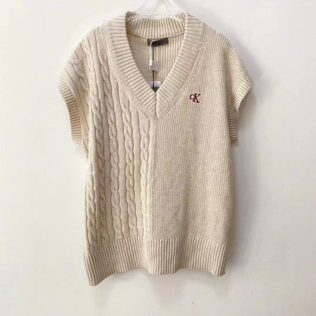 Áo dệt kim không tay cổ chữ V thêu chữ/ Áo sơ mi tay dài màu trắng thời trang cho nữ phong cách Jennie Blackpink