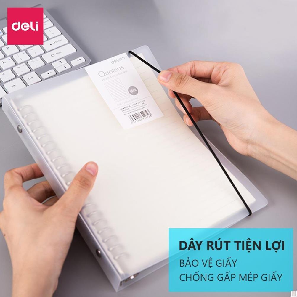 Combo sổ còng sắt và lõi giấy A5 Deli file nhựa có kèm dây rút- 240 trang - Ruột ô vuông/kẻ ngang