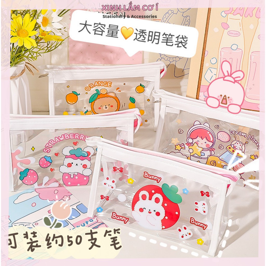 Hộp Bút, Túi Bút Trong Suốt Dạng Tam Giác Nhiều Hình Cute Dễ Thương, Sticker Tặng Kèm[Xinh Lắm Cơ Í]