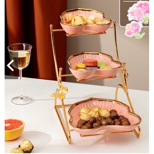 KHAY SỨ ĐỰNG BÁNH KẸO HOA QUẢ KHUNG KIM LOẠI MẠ VÀNG MÀU HỒNG SANG TRỌNG
