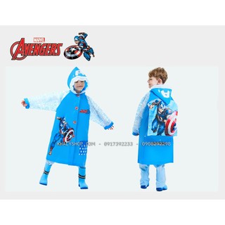 Áo mưa nhựa dẻo PVC hình Avengers màu xanh có vạch phát sáng phía sau dành cho bé trai (S,M,L) - (Disney)