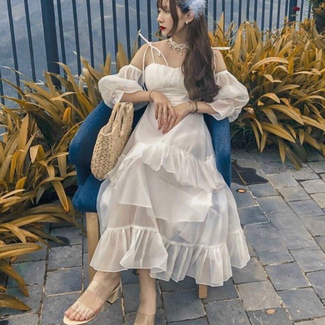 (Sẵn) Đầm Maxi Rớt Vai Tay Bồng - váy Maxi chiffon màu Hồng Đi Chơi Đẹp SAVVY Dress TT01350
