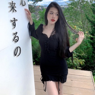 Đầm body đen nhún tay dài